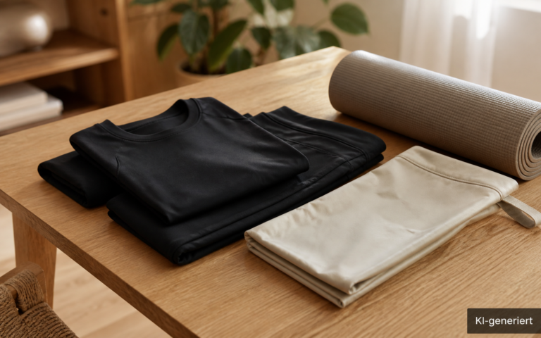 Zusammengelegtes schwarzes EMS-Wäsche-Set mit Wetbag und Yogamatte auf einem Holztisch