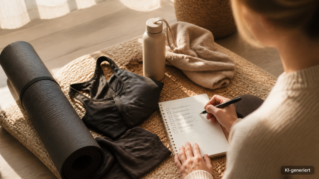 Handschriftliche Checkliste neben Trainingskleidung und einer Matte