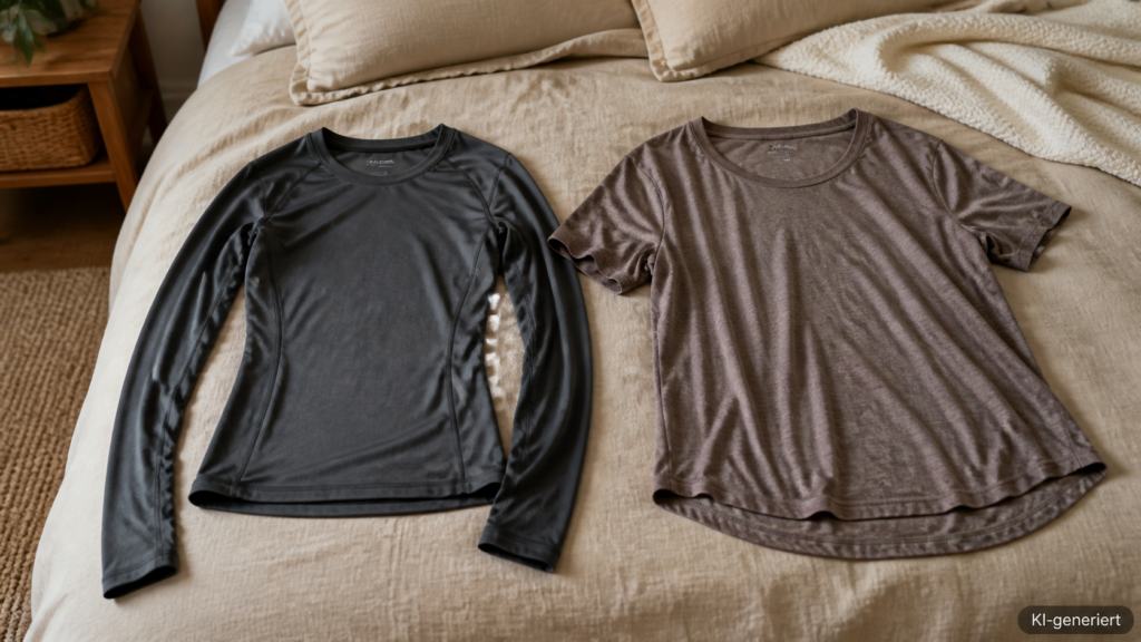 Enganliegendes Trainingsoberteil und weites Sportshirt liegen nebeneinander