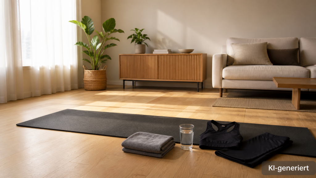 Vorbereiteter Trainingsplatz mit Matte, Handtuch, Wasserglas und Trainingskleidung
