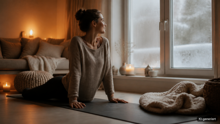 Warm beleuchtetes Wohnzimmer im Winter mit Matte und Decke
