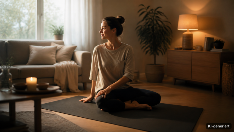 Wohnzimmer mit Matte in Morgen- und Abendlicht