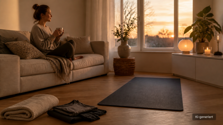 Yogamatte mit Decke und Trainingskleidung in einem ruhigen Wohnzimmer