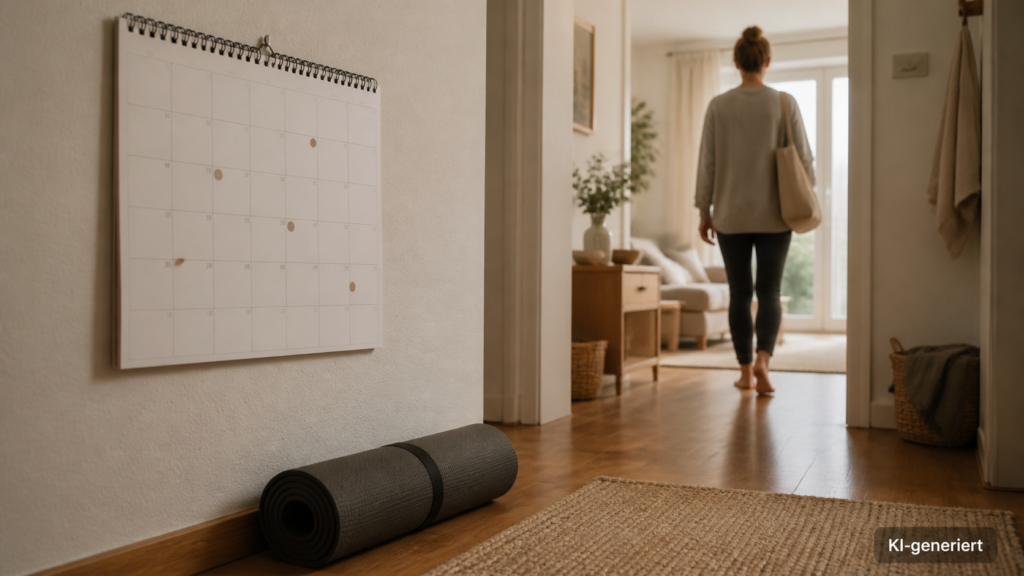Wandkalender mit markierten Terminen neben einer zusammengerollten Yogamatte