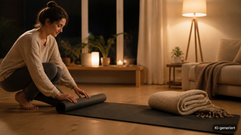 Ausgerollte Matte mit gefalteter Decke in ruhig beleuchtetem Wohnzimmer