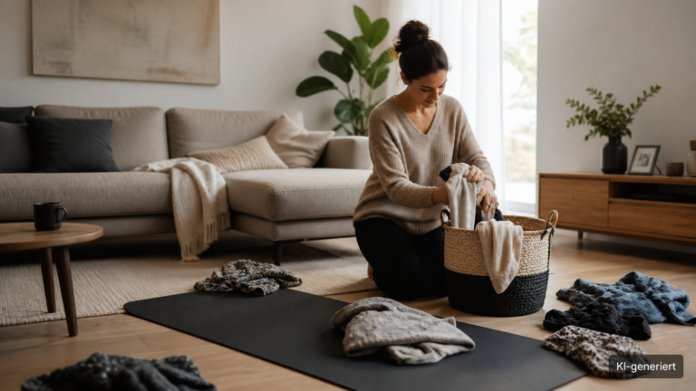 Wohnzimmer mit Matte und Trainingskleidung, die gerade aufgeräumt wird