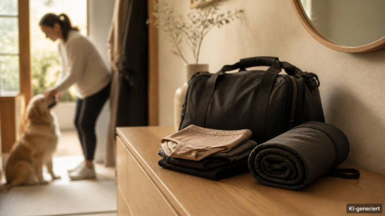 Zusammengerollter Wetbag neben Trainingswäsche und Sporttasche auf einer Kommode
