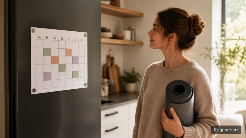 Wochenplan an einer Magnettafel mit markierten Trainingstagen und Yogamatte