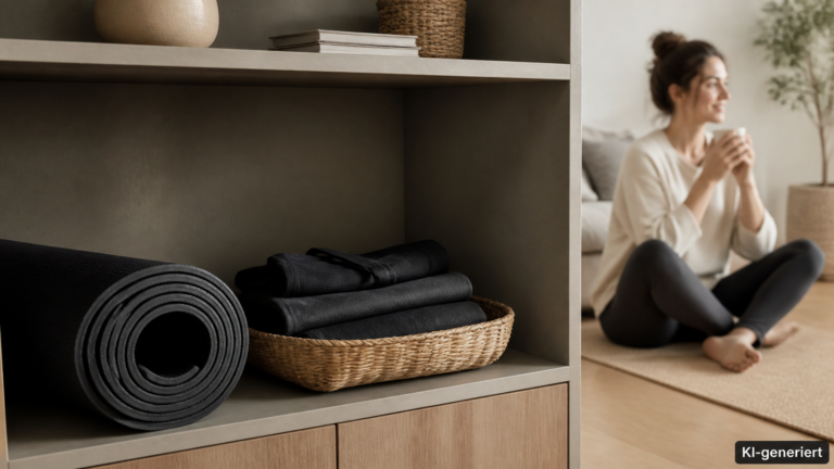 Gerollte Yogamatte und flacher Korb mit Trainingskleidung in einem Regalfach